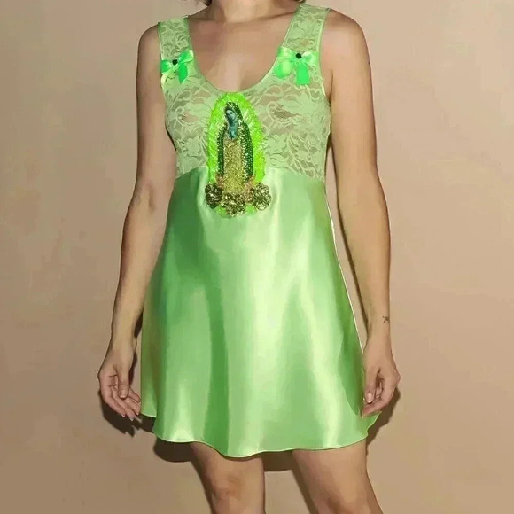 Reworked Lime Guadalupe Lace Slip‎ On Tank Short Dress Small Cami A-Line Dress